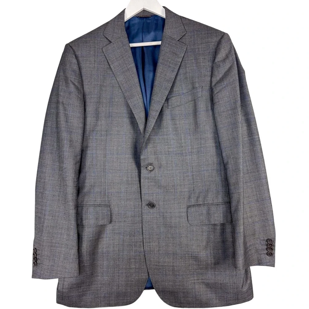 Trussini Linea Nuova Blazer Mens 44L‎ 54 Gray Blue Windowpane Super 130s Wool